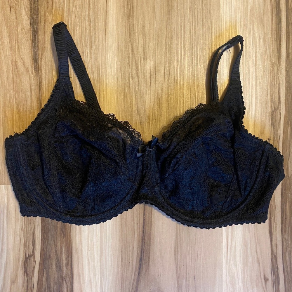 Pour Moi Black Lace Underwire Bra PM-15509 UK 36F US 36G Floral Scalloped Trim